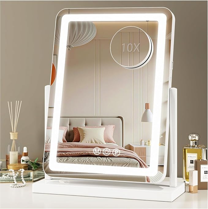 Vanity Mirror with Lights, 18"x13" Hollywood Lighted Makeup Mirror for Tabletop & Bedroom 3 Color Lighting Modes Smart Touch Control 360° Rotation Detachable