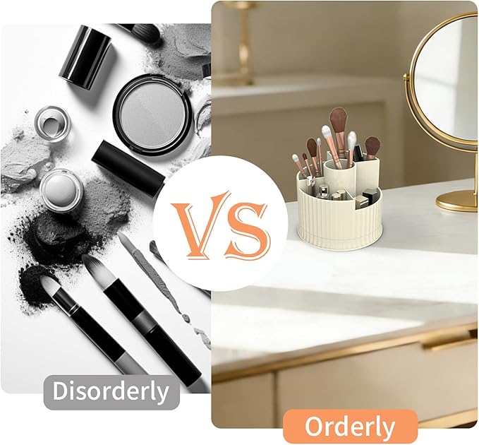 360?? Rotating Makeup Brush Holder Organizer, 5 Slot Make up Brushes Cup for Cosmetics, Nail Polish, Art Supply, Skincare, Perfume, Bathroom Vanity Desktop Organizer - Creamy white