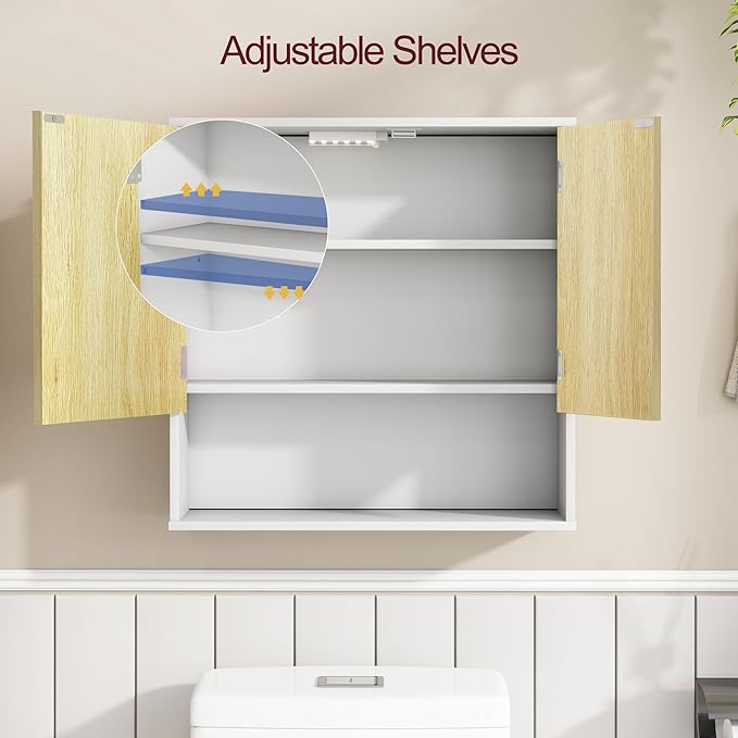 Bathroom Wall Cabinet With Mirror,wall mounted bathroom cabinet,Medicine Cabinet with 2 Door ,Side Hook,Light and Adjustable Shelves,White Cabinet with Wood Grain,Over The Toilet Space Saver Cabinet.