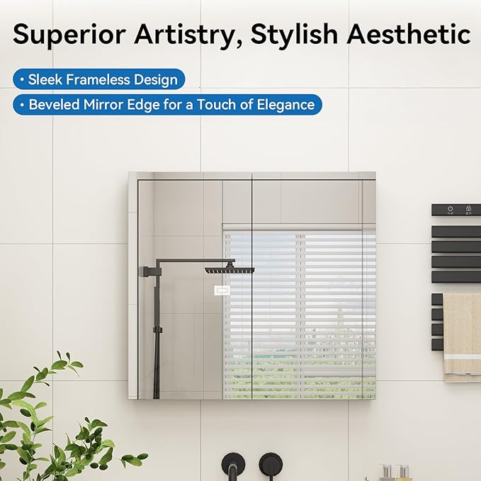 Sunrosa Aluminum Bathroom Medicine Cabinet with Mirror Door, 36"×27.5" Bathroom Mirror Cabinet,Wall-mountable and Recessed-in Mirror Cabinet, 2 Door Medicine Cabinet Organizer with Mirror