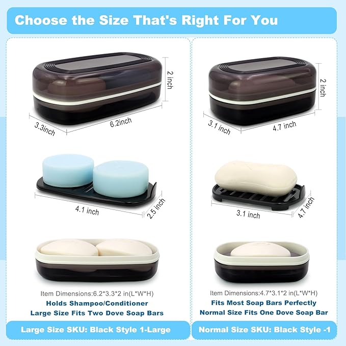 HAYSNA Solid Shampoo Bar Holder, Large Bar Soap Holder, Travel Soap Container, Soap Box with Draining Layer, Soap Case for Bathroom, Traveling, Gym, Camping (Black Style-1-Large)