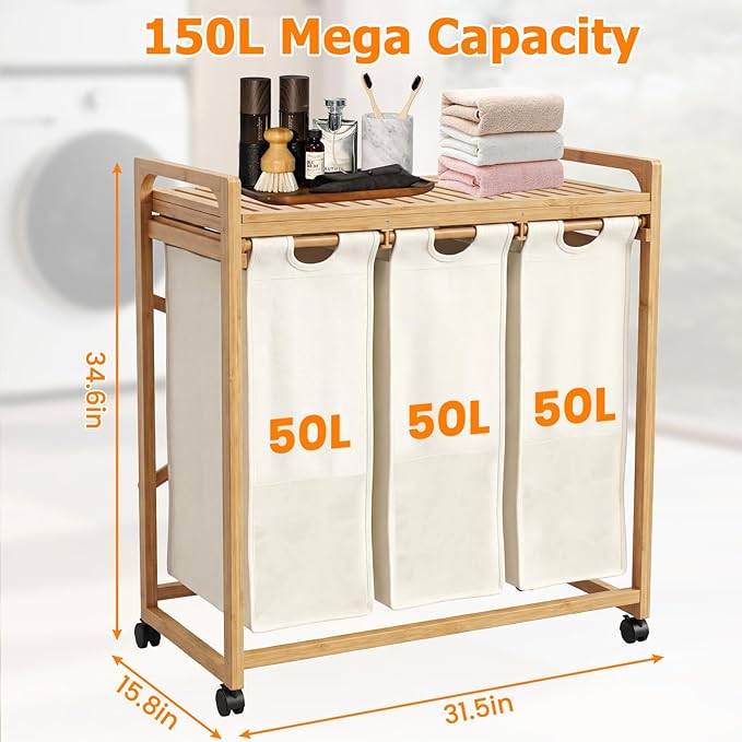 Bamboo Laundry Hamper 3 Section with Lid, 150L Laundry Sorter with Lockable Wheels, Pull-Out Removable Washable Bags, 3 × 12.5 Gal Divided Laundry Baskets for Laundry Room, Bathroom (Beige)