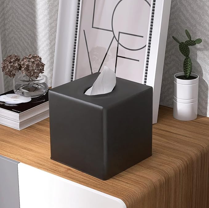 Y-in Hand Tissue Box Cover, Square Facial Tissue Holder Storage for Bathroom Vanity, Countertops, Dressers, Night Stand, Parlors and Offices - Black