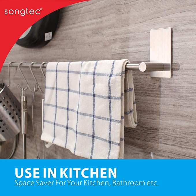Adhesive Bath Towel Bar 24-inch, No Drill Stick On Towel Rack, Easy Install with Self-Adhesive, Premium SUS304 Stainless Steel (Brush Nickle, 24)