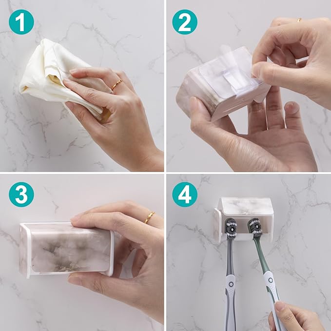 PARKMANI Toothbrush Holders Wall Mounted with Cover, Electric Tooth Brushing Holder for Bathroom, 2 Slots Self Adhesive Toothbrush Organizer, Toothbrush Stand for Family, Kids (1, White Marble)