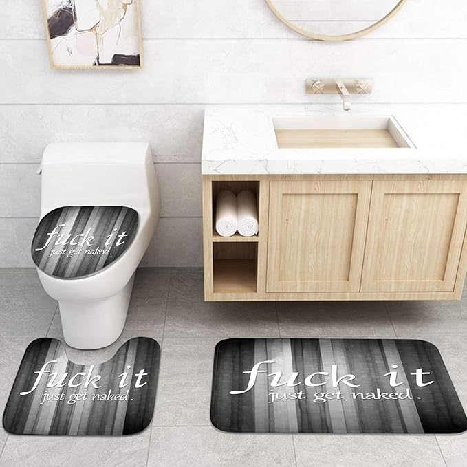 ArtSocket 4PC Funny Get Naked Grey Striped Vintage Abstract Shower Curtain Sets Bathroom Decor with Rugs, Non-Slip Rug,Toilet Lid Cover, Bath Mat and 12 Hooks 72x72 inches