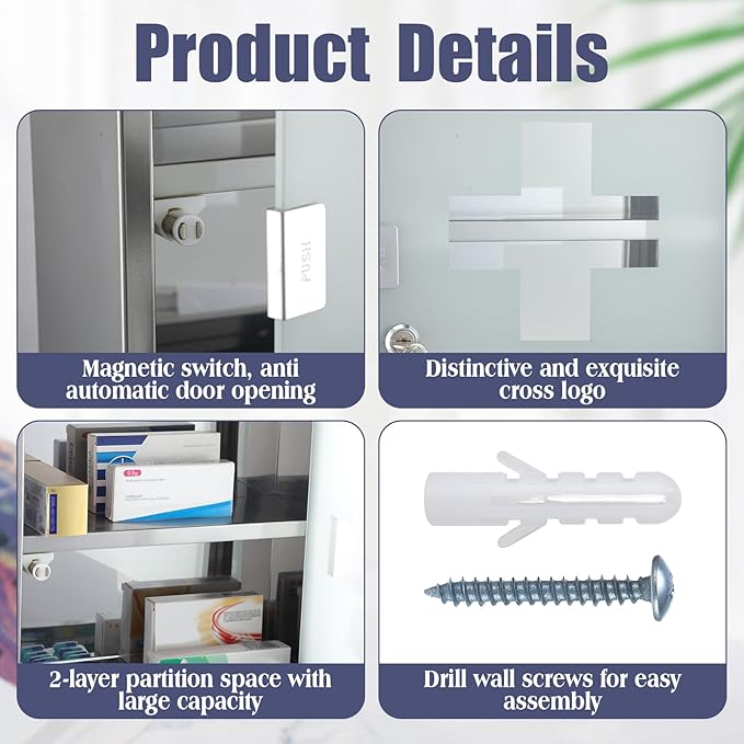 Timgle First Aid Wall Cabinet with Lock Medicine Wall Mounted Bathroom Storage Hanging Medical Cabinet with Safety Glass Door for Bathroom(2 Shelves,Silver)