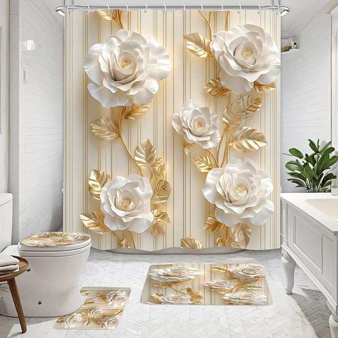 NBVKO 4Pcs Luxury White Rose Shower Curtain Set with 12 Hooks Non-Slip Rugs,Toilet Lid Cover and Bath Mat,Gold Bathroom Decor for Hotel & Home Bathroom