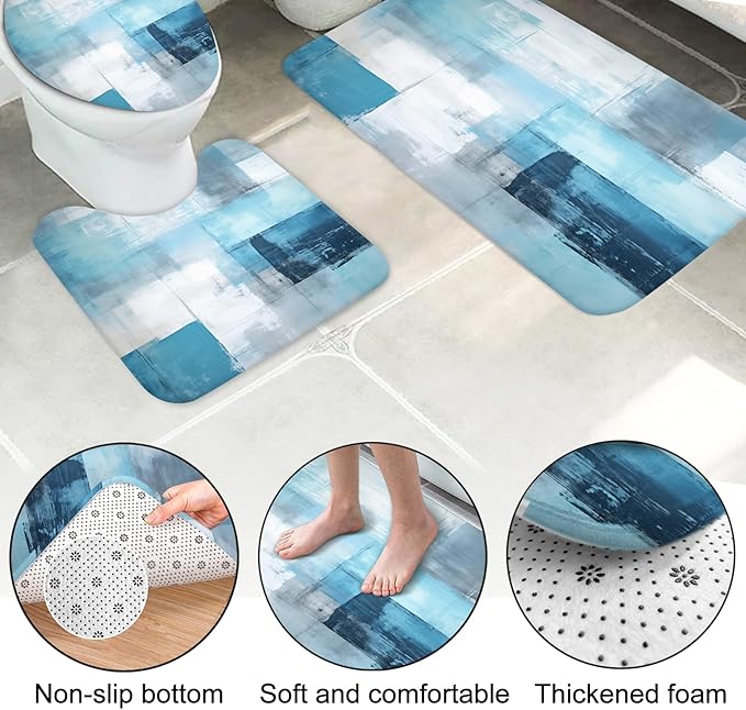 Lnond 4Pcs Bathroom Shower Curtain Sets with Rugs,Turquoise White Painting Art Bathroom Sets with Shower Curtain and Rugs and Accessories