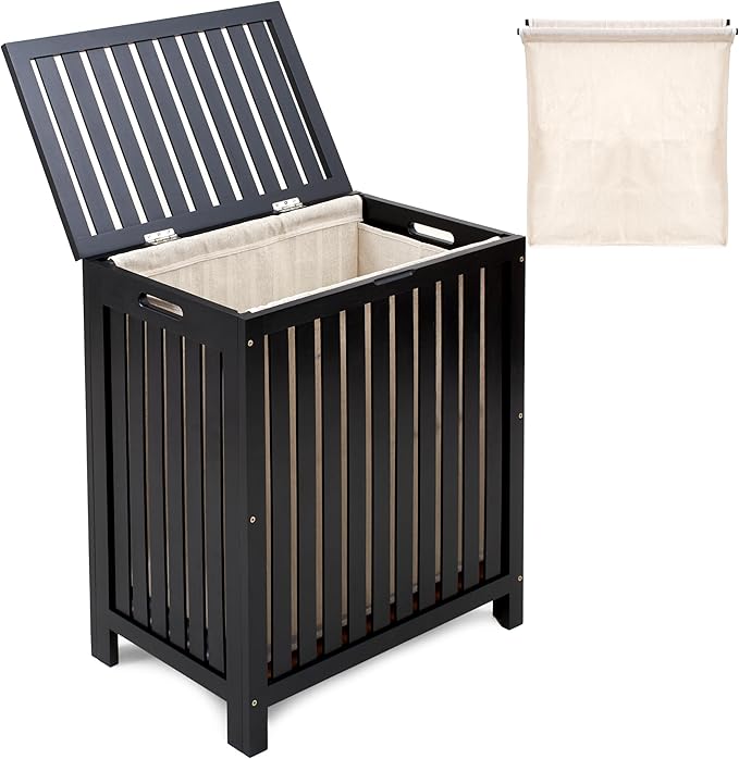 2 Lb. Depot Laundry Hamper Basket Storage in Black Bamboo - Wood Construction with Canvas Liner and Wooden Rods - Hand Grips for Portability - Functional & Stylish Organizer for Clothes -110L