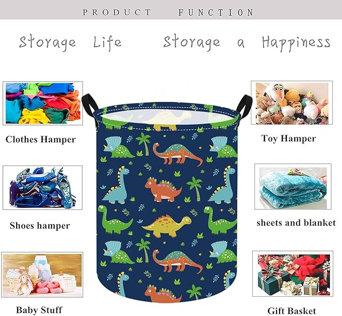 KUNRO Round Dinosaur Laundry Gift Basket Storage Hamper, Clothes Storage Organizer Bins, Shelf Basket with Handles for Room Decor