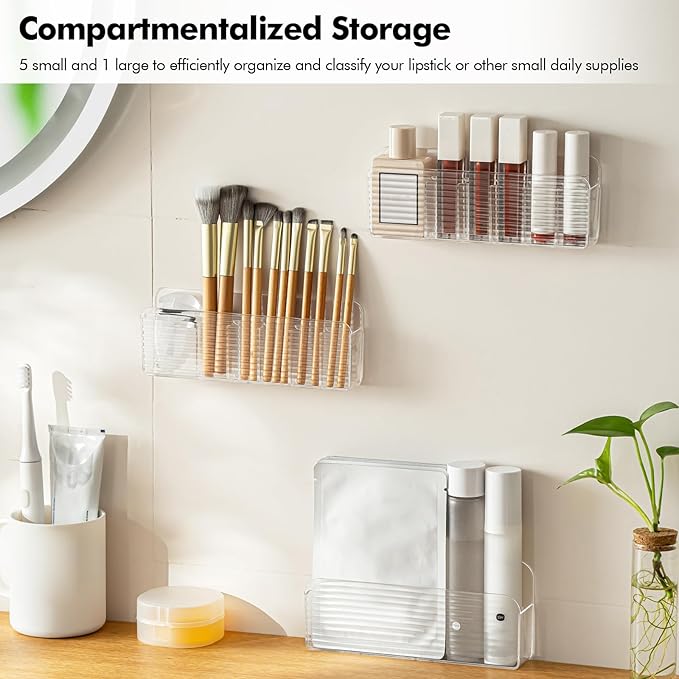 Poeland 3 Pack Wall Mount Storage Boxes, Plastic Lipstick Makeup Brush Holder with 6 Compartments for Home Office (Transparent)