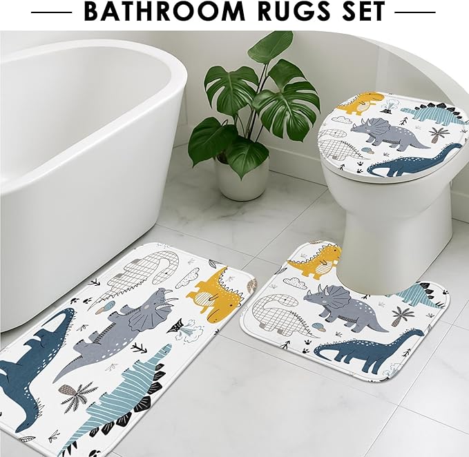 Britimes 4 Piece Shower Curtain Sets, Cartoon Dinosaur with Non-Slip Rugs, Toilet Lid Cover and Bath Mat, for Bathroom Decor Set, 72" x 72"