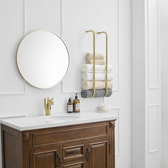 BWE Brushed Gold Towel Racks for Bathroom, Wall Mounted Towel Rack for Rolled Towels, Bathroom Towel Storage, Stainless Steel Vertical Towel Holder, Bathroom Organizer