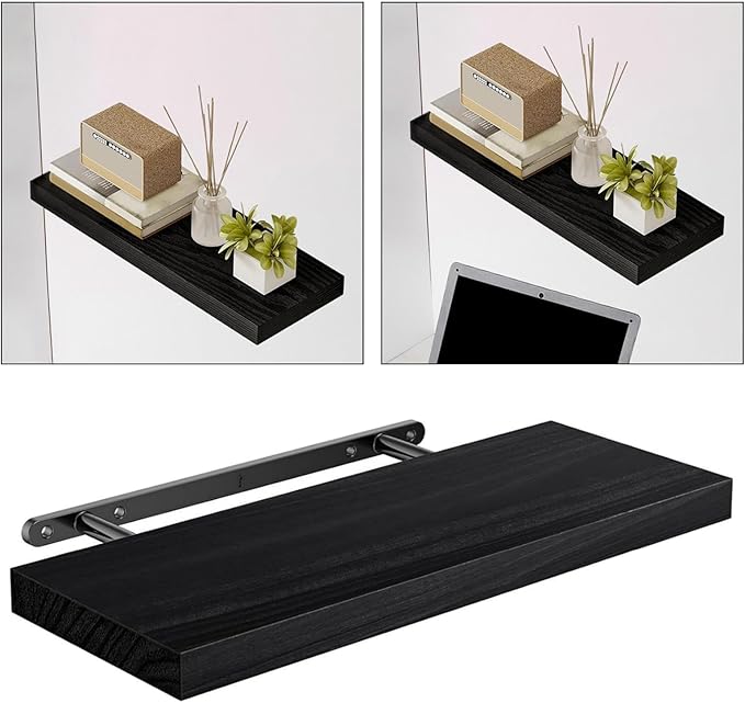 Shelf Rustic with Invisible Bracket,Wood Wall Shelf for Bathroom Farmhouse, Black