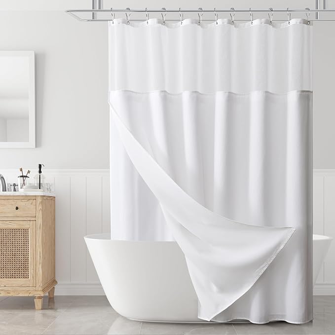 Naturoom Long Shower Curtain, Heavy Duty White Linen Fabric Shower Curtain Set with Liner, Simple Elegant Modern Farmhouse Country Bath Curtains for Bathroom, Mesh Top Window, 72 x 78, White
