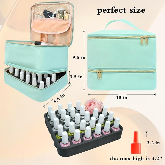 Nail Polish Organizer Bag, Double-Layer Nail Supplies Organizer Holds 30 Bottles & Nail Lamp, Professional Nail Kit Storage Make up Carrying Case (Green)