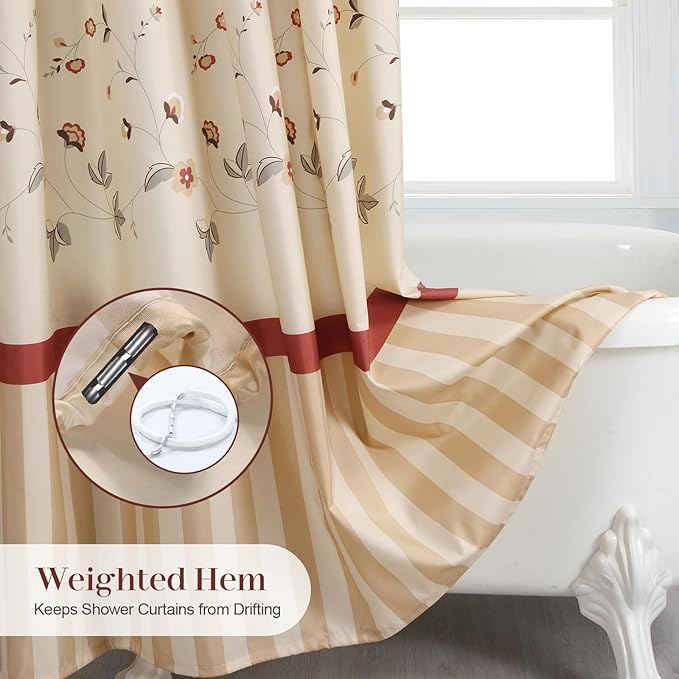Floral Fabric Shower Curtains for Bathroom, Cream Beige Gray Flower Shower Curtain, Waterproof Washable Decorative Bathroom Curtains, 72" W x 72" H