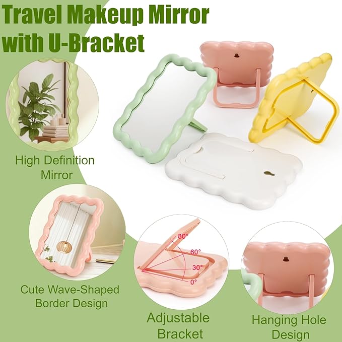 4 Pack Table Vanity Makeup Mirror, Wave Shaped Desk Mirror with Stand, Small Portable Folding Mirrors, Tabletop Adjustable Travel Mirrors, Hanging Bathroom for Shaving, 4 Colors, 6.7" × 5.2"