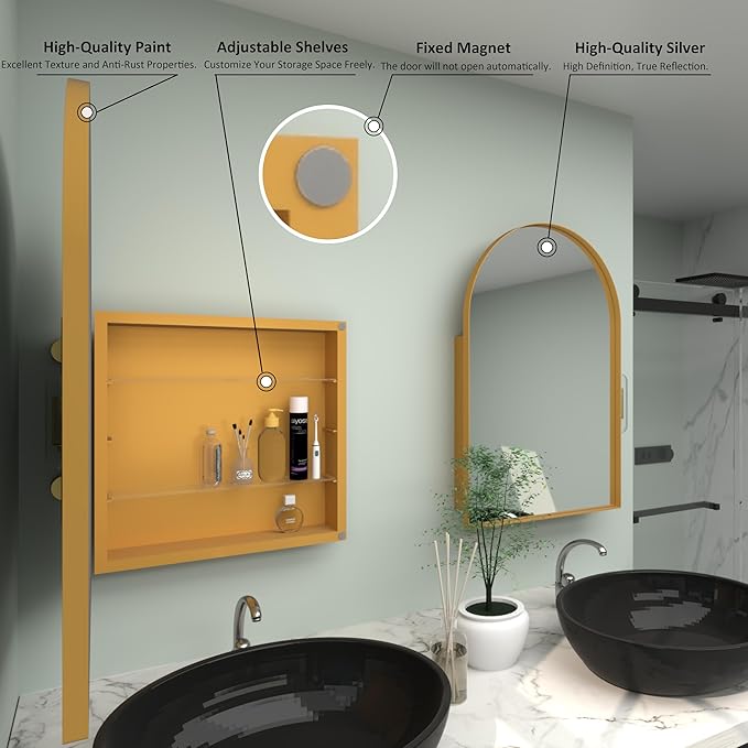 24" WX36 H Farmhouse Framed Medicine Cabinet with Mirror, Matte Gold Finish, Recessed or Surface Mount, Adjustable Shelves, Arched Cabinet Door, Arched Shape, Easy to Install, 24x36 Cabinet
