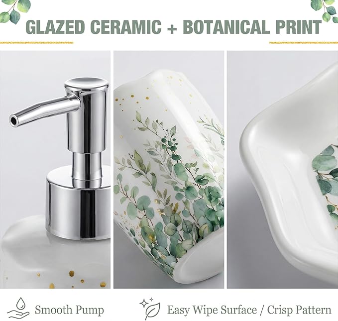 Newtay Sage Bathroom Accessories Set 4 Piece, Ceramic Soap Dispenser with Pump, Toothbrush Holder, Tumbler Cup & Soap Dish, Botanical Greenery Countertop Decor, White with Gold Speckles