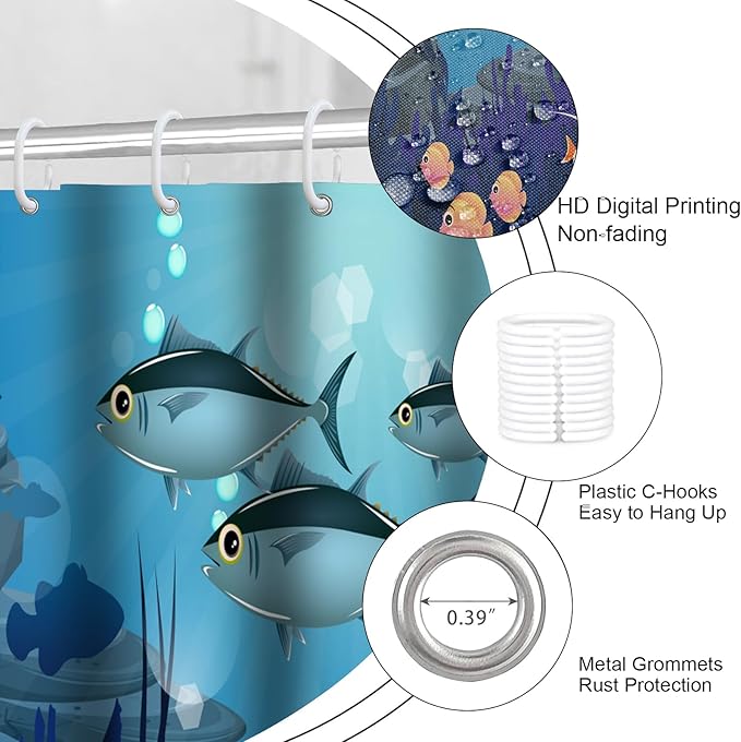 Colorful Fish Underwater Shower Curtain Set, 4 Piece Bathroom Decor with 12 Hooks, Vibrant Marine Life Bath Curtain