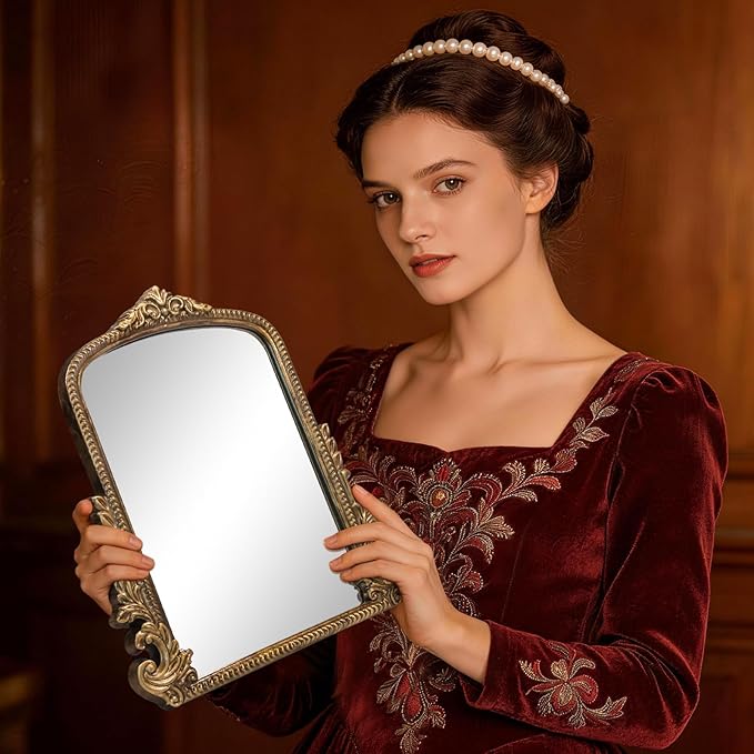 Vintage Gold Makeup Desk Mirror, Antique Traditional Vanity Table Mirror, Small Carved Arched Standing Mirrors, Adjustable Dress-up Mirrors for Tabletop, Standing or Hang, 11.8" L x 9.6" W