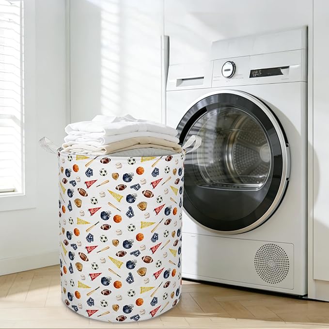 Sports Boys Laundry Basket Hamper, Sports Nursery Decor, Different Kinds Balls Foldable Clothes Toys Books Storage Box Bins Baskets Organizer for Kids Boys Room Bedroom Playroom