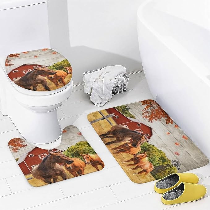 Rustic Farmhouse Horse 4 Pcs Waterproof Shower Curtain Set,Retro Wooden Barn Western Farm Animals Horses Windmills with Waterproof Toilet Cover Shower Mat Rugs