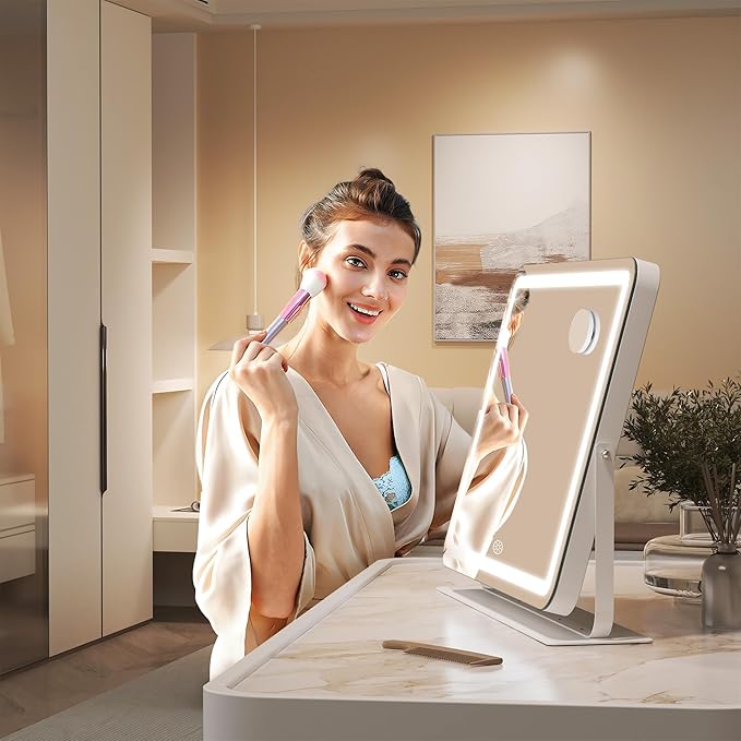 Hasipu Makeup Vanity Mirror with Lights, 20" L x 16" W LED Tabletop Make up Mirror for Desk, Lighting & Brightness Adjustment, 360°Rotation, 10x Magnification