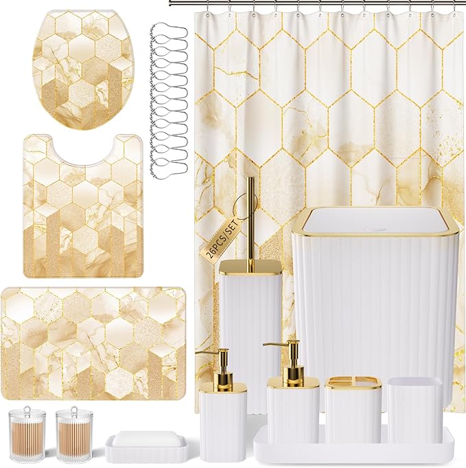 XLHOMO Bathroom Set - 26PC Bathroom Set with Shower Curtain and Rugs, Bathroom Accessory Set, White Bathroom Accessories Set, Trash Can & Soap Dispenser
