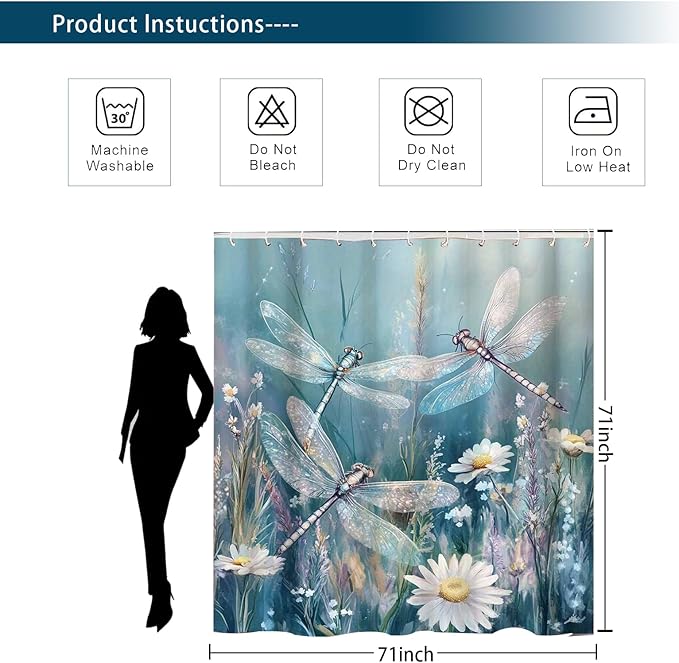 Dreamrflove Dragonfly Shower Curtain, 1-Pack Dragonfly Bathroom Shower Curtain, Blue Vintage Plant Flowers Fabric Bathroom Decoration, 72x72 Inch Waterproof Polyester Insulation Home Accessories