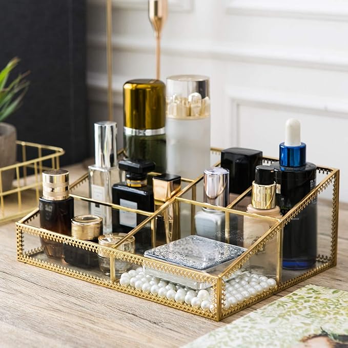 Vintage Gold Makeup Organizer - Glass Makeup Organizer Countertop Organizer for Make-Up Brushes Vanity, Tabletop Organizer Display Case for Bathroom, Vanity, Drawers GJB001