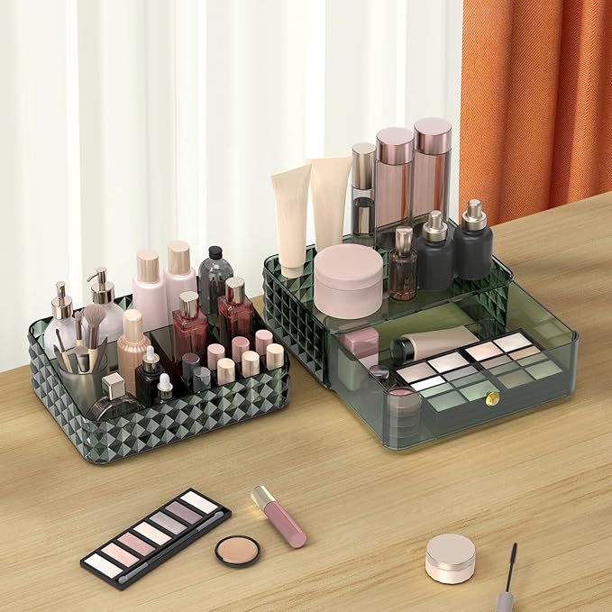 Soimeat Makeup Organizer for Vanity, Stackable Cosmetics Organizer, Cosmetic Display Cases with 1 Drawers and 1 Tray, 2 Layers, Green, FXHZJ-G2