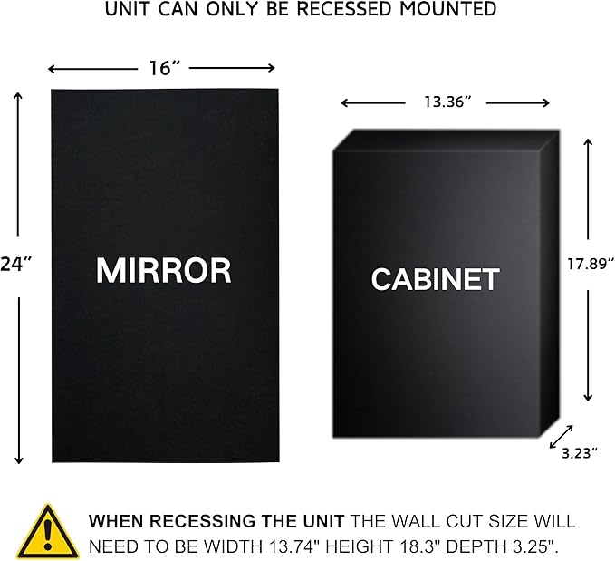 TEHOME Black Metal Framed Recessed Bathroom Medicine Cabinet with Mirror Rectangle Beveled Vanity Mirrors for Wall 16 x 24 inches