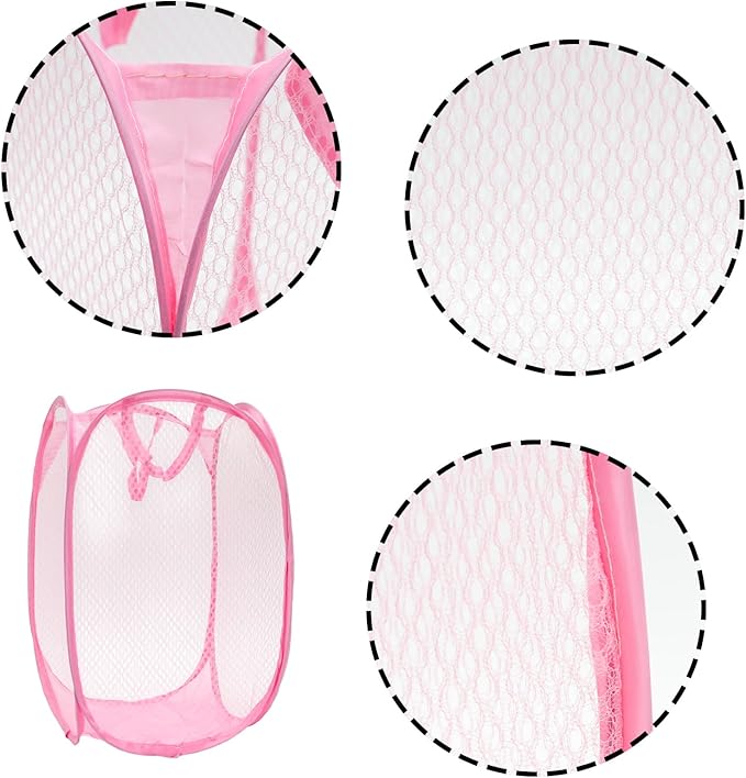 2Pcs Popup Mesh Laundry Baskets, Collapsible and Portable Laundry Hamper, Ideal for Travel and Home Use (Pink & Yellow)