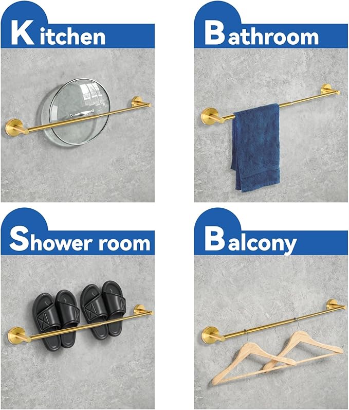 2 Pack Adjustable Towel Bar, HOMOTEK Economic Bathroom Towel Holder Rod from 12 Inch to 22 Inch Single Towel Racks, Wall Mount Towel Rail, Towel Hanger Hook for Kitchen(Gold)