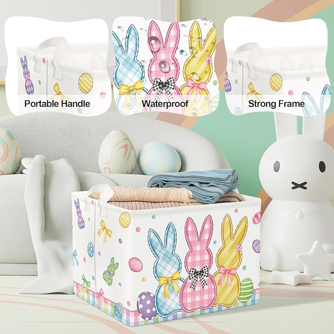 Clastyle Easter Rabbit Cross Kid Storage Basket Baby Laundry Hamper Boy Girl Gift Toy Box Collapsible Egg Clothes Organizer Nursery Bin for Bedroom,Bunny,40x30x30 cm