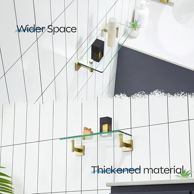 KOKOSIRI 12-Inch Bathroom Shelves Glass Floating Shelf Toilet Roll Holder Toilet Paper Holder Stainless Steel Brushed Gold B1105BG-L12+B2005BG