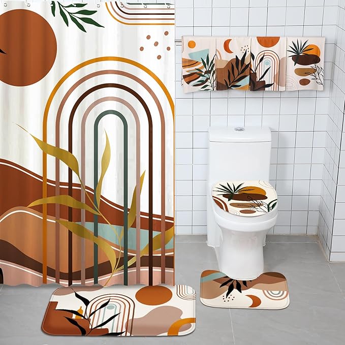 Tatuo 8 Pcs Mid Century Shower Curtain Set Boho Theme Bathroom Accessories Sets Decor Minimalist Modern Waterproof Shower Curtain with Towels Carpet Bath Mat Toilet Rugs and 12 Hooks