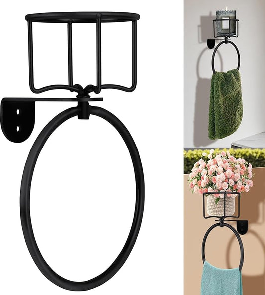 1Pcs Vintage Towel Ring with Candle Holder – Unique Antique Rustic Bathroom Accessories, Towel Holder, Wall-Mounted, Sturdy (Black)
