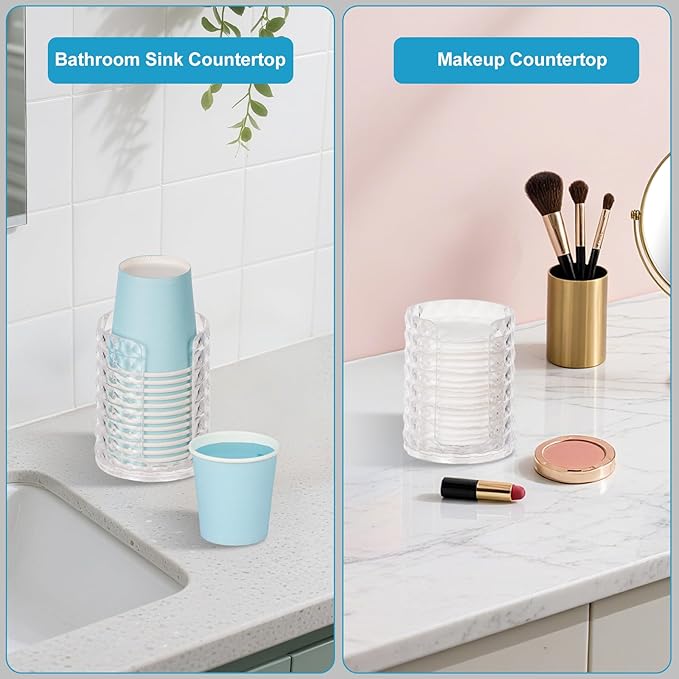 Bathroom Cup Dispenser, Mouthwash Cup Holder for 3oz Small Disposable Rinsing Cups Storage, Compact Paper Cups Organizer, Vanity Cotton Pads Holder - 1 Pack Clear