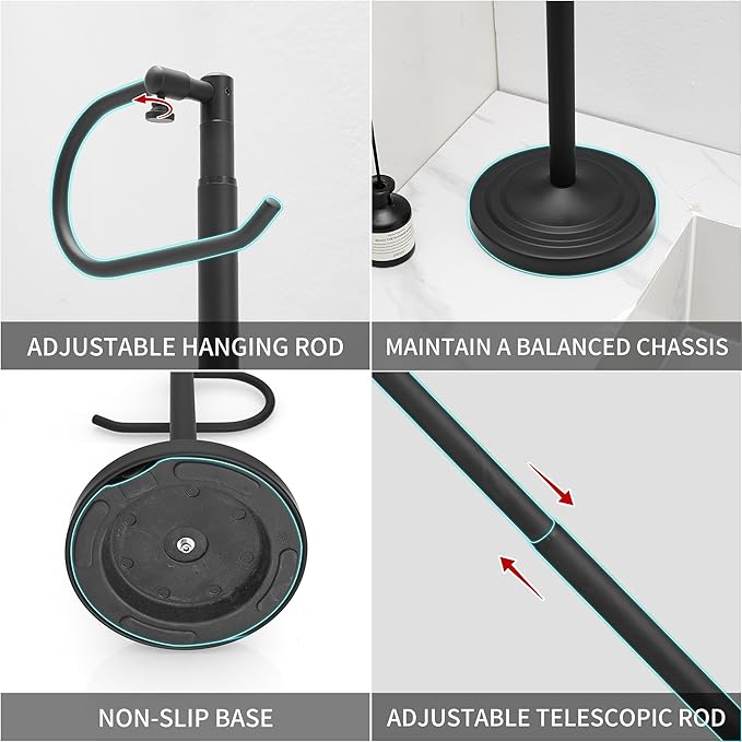Hand Towel Holder Stand for Bathroom Countertop, Standing Towel Rack with Non-Slip Base, Stainless Steel Adjustable Towel Bar 16.5-26 Inch for Kitchen Vanity (Matte Black)