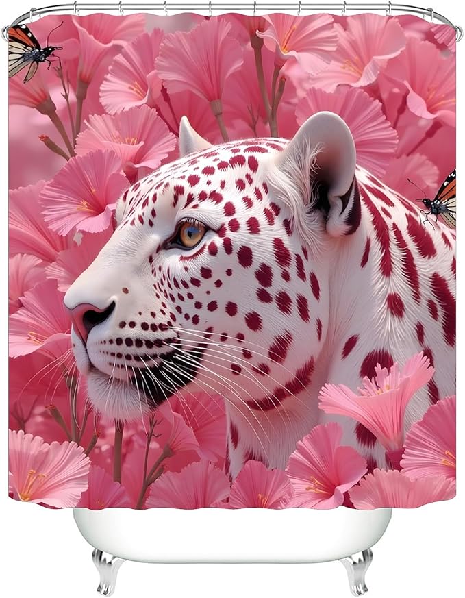 4 Pcs Pink Floral Leopard Shower Curtain Set - Whimsical Jungle Safari Animal Bathroom Decor, Waterproof Fabric Bath Curtain with Toilet Lid Cover, Non-Slip Bath Rugs, Cute Bathroom Essentials