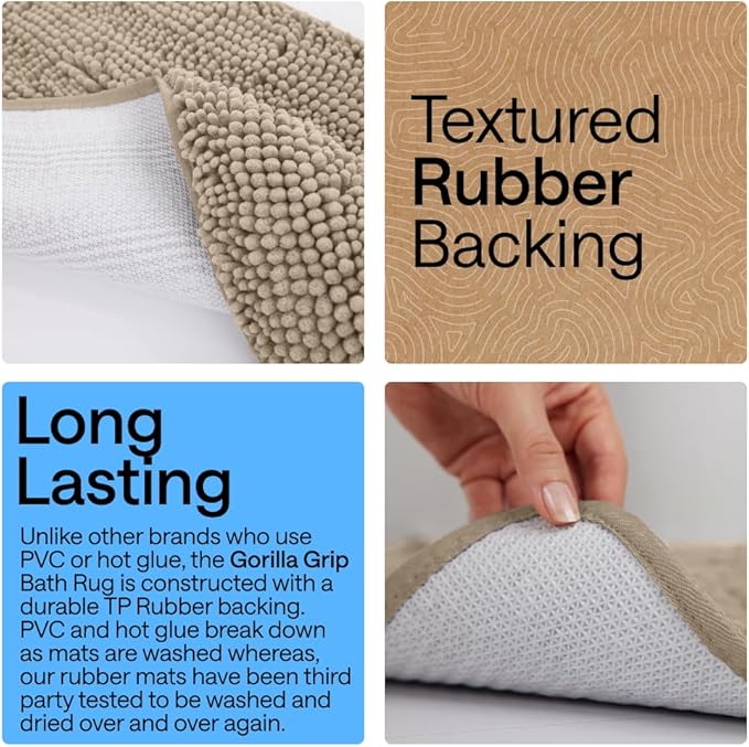 GORILLA GRIP Plush Absorbent Shaggy Chenille Bath Rug Mat for Oval Toilet Base with Rubber Backing, Machine Washable Rugs, Soft Microfiber Contour Mats for Toilets, Bathroom Decor, Gray Beige