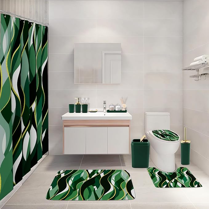 XLHOMO Bathroom Set - Green and Gold Bathroom Accessories, Bathroom Sets with Shower Curtain and Rugs, Green Shower Curtain Set with Bathroom Trash Can, Soap Dispenser, Soap Dish for Home Decor