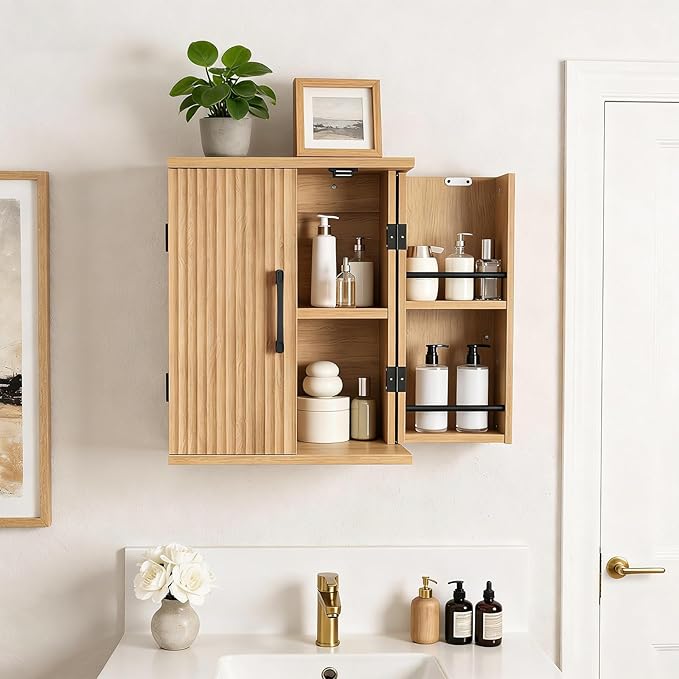 YATINEY Bathroom Wall Cabinet, Medicine Cabinet Wall Mounted, Over The Toilet Storage Cabinet, Fluted Cabinet with 2 Doors, for Bathroom, Kitchen, Laundry Room, Natural