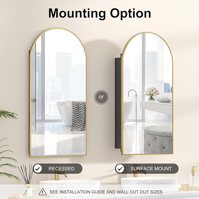 Recessed Medicine Cabinet Mirror,Brushed Brass Gold Arched Medicine Cabinet with Mirror for Bathroom,Metal Edge Mirrored Medicine Cabinets,in Wall Arch Mirrored Cabinets with Storage 16x31