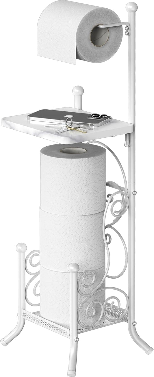 Simple Houseware English Style Bathroom Toilet Tissue Roll Holder Stand with Shelf, Marbled White