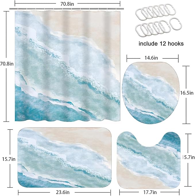 Yizheer 4Pcs Beach Coastal Shower Curtain Sets, Teal Blue Coastal Ocean Beach Theme Bathroom Curtain with Rugs, Toilet Lid Cover and Bath Mat